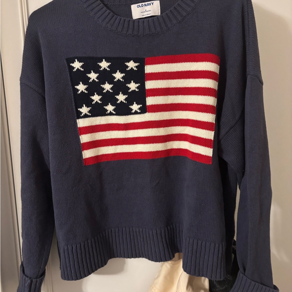 Old Navy Blue Crew Neck Sweater with American Flag Design